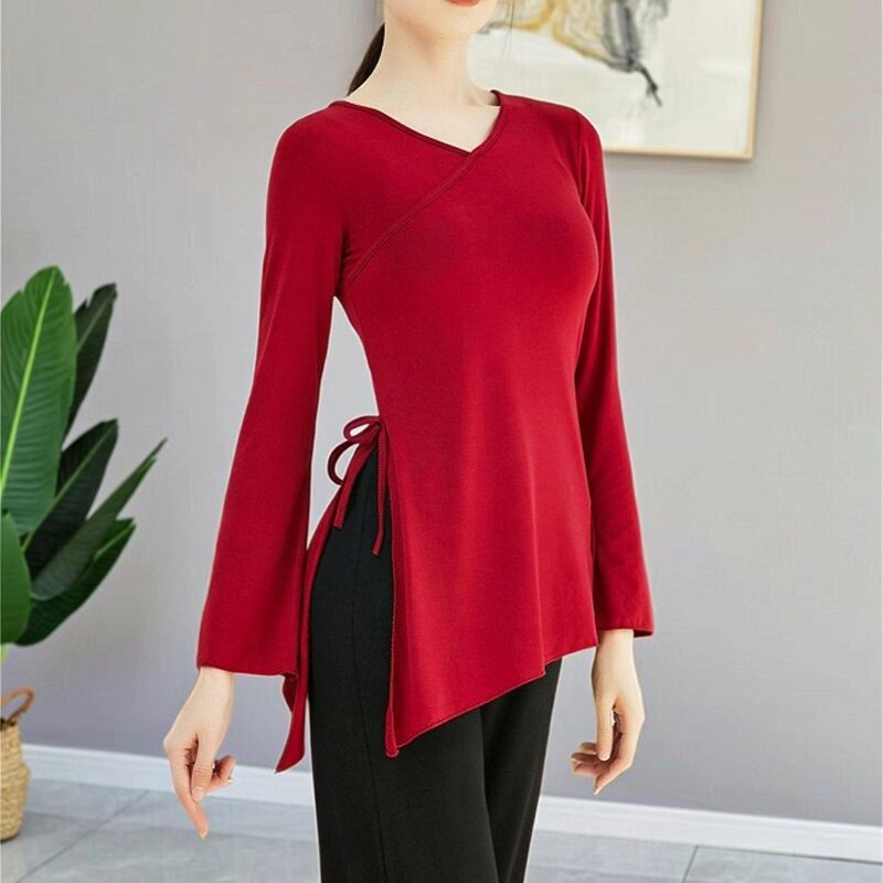 练功服女古典舞莫代尔系带舞蹈服装开叉瑜伽上衣V领喇叭袖演出服