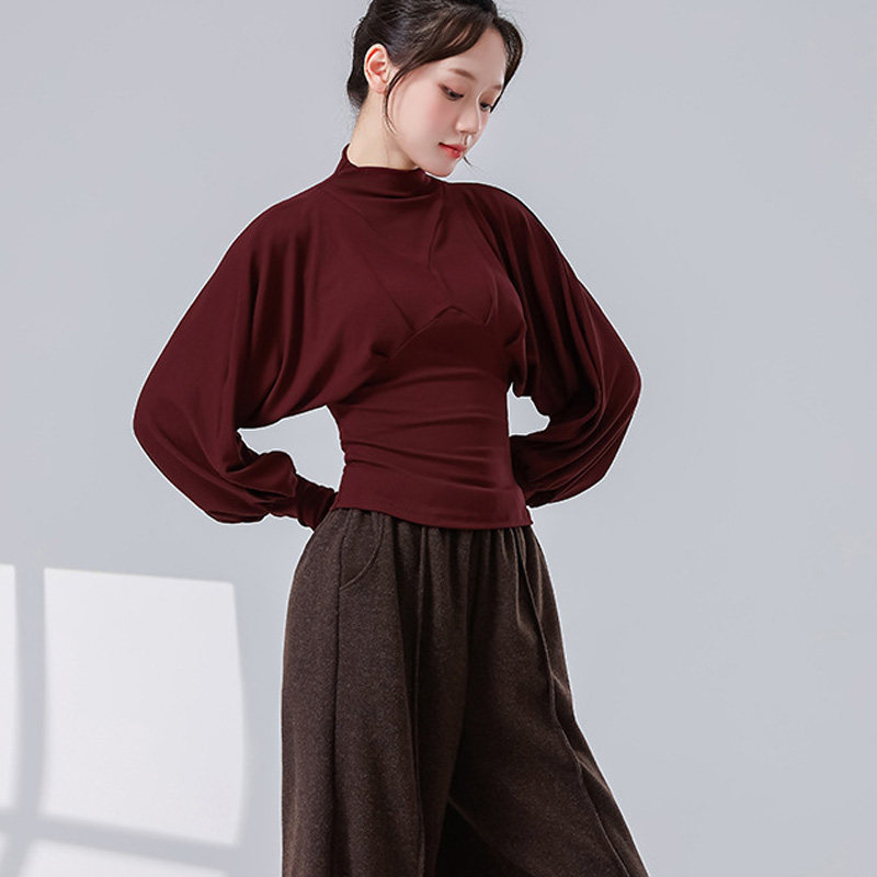 秋冬长袖舞蹈服上衣古典现代舞蝙蝠袖练功服半高领显瘦瑜伽上衣女