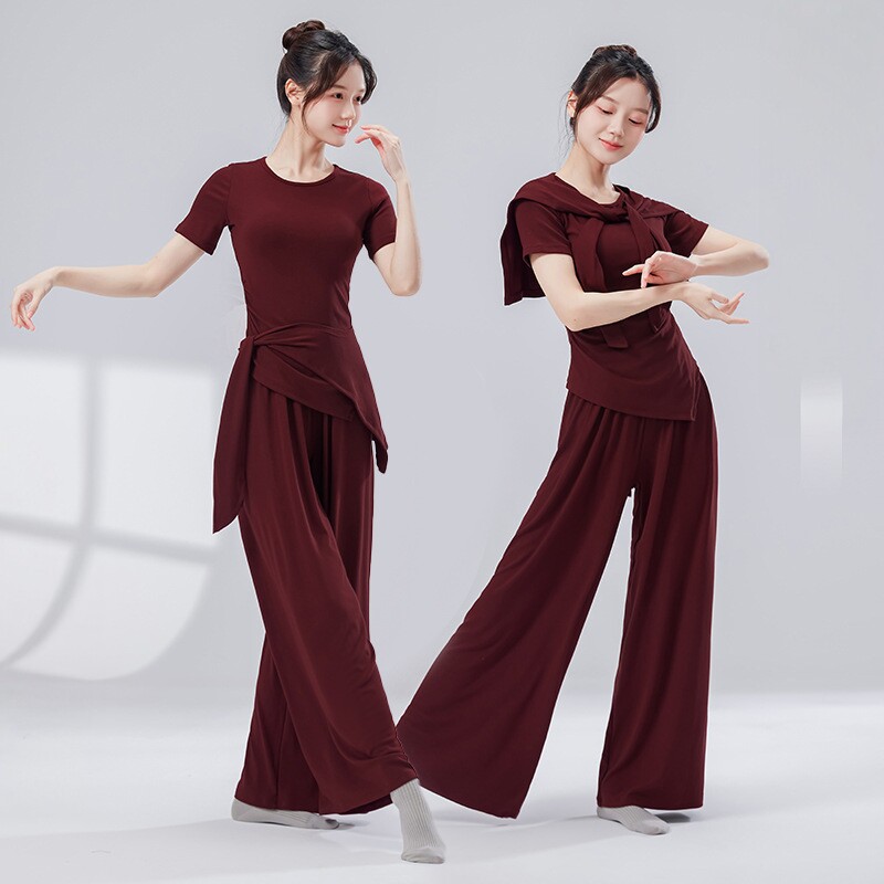 现代古典舞瑜伽套装学生圆领斜角短袖练功服三件套修身形体舞蹈服