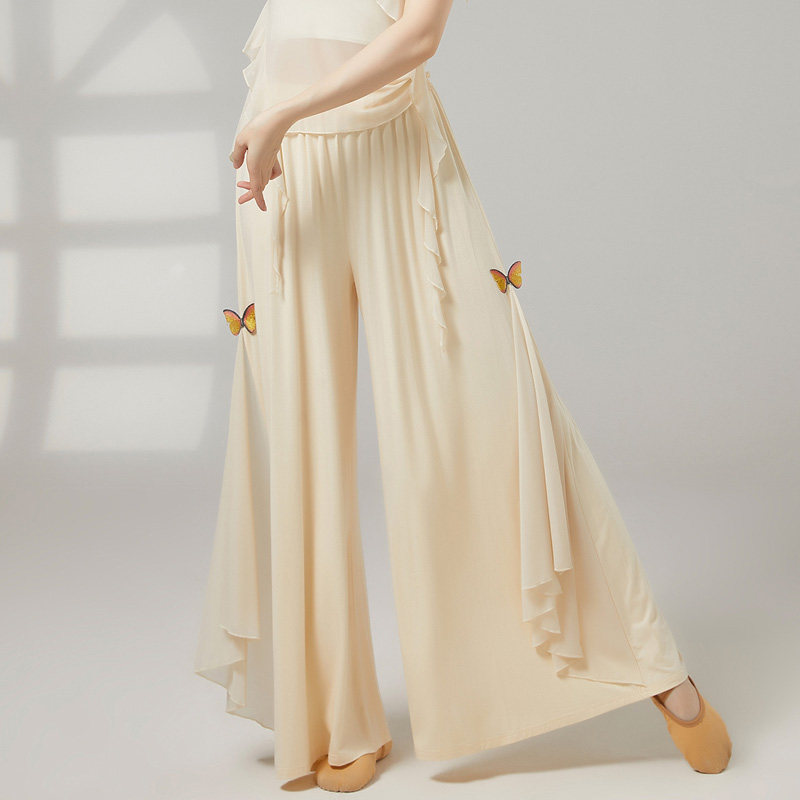 现代古典舞阔腿裤女垂感飘逸舞蹈练功裤蝴蝶网纱中国舞宽松女裤子