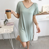 夏季 连衣裙v领打底裙百搭宽松洋气睡裙荷叶边大码 薄款 莫代尔短袖
