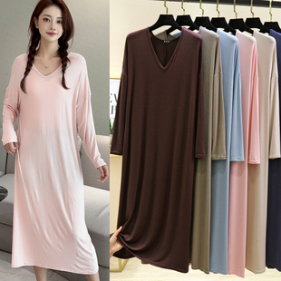 春秋薄款莫代尔长裙纯色长袖连衣裙V领女宽松睡裙居家打底裙大码