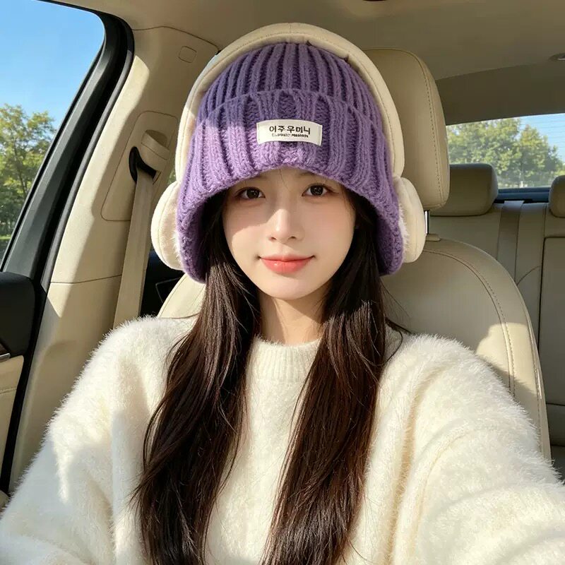 紫色网红耳罩毛线帽女秋季新款韩版时尚显脸小针织帽保暖包头冷帽