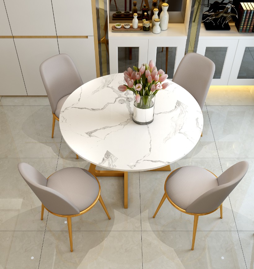 北欧轻奢风铁艺大理石岩板圆形餐桌椅组合家用饭桌现代简约小户型