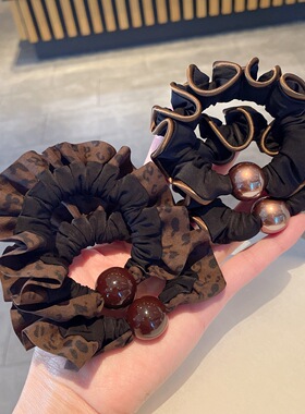 复古包边小肠发圈女高级感珍珠发绳高弹力缎面不伤发头绳豹纹皮筋