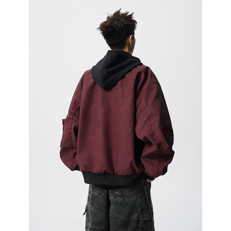 假两件拼接连帽拉链皮衣外套夹克宽松飞行服男百搭409-J200-P128,男装夹克,星座409(原A307）