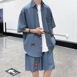 夏季休闲短袖衬衫男套装五分袖衬衣潮港风两件套404-2-TZ12，男装休闲套装，星座409(原A307）