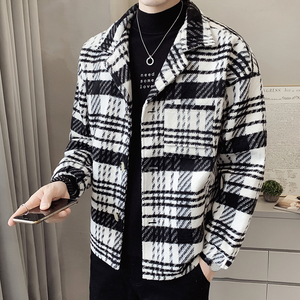 毛呢料格子外套春秋修身韩版潮流男生复古风衣外套409-2209-P105图片