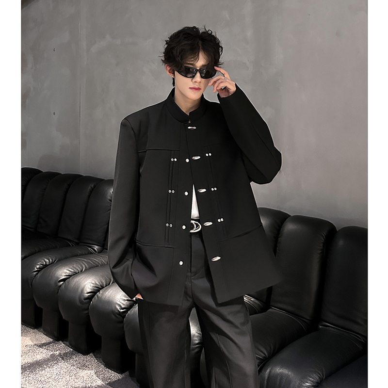 新中式立领黑色西装男重工设计金属扣宽肩西服外套409-5624-P118，男装西服套装，星座409(原A307）