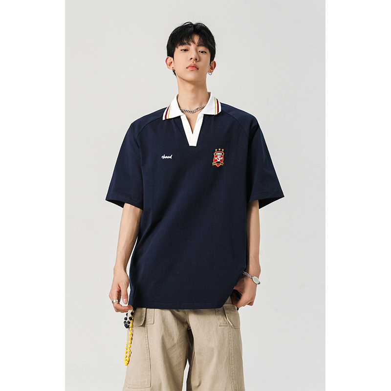 美式复古polo短袖T恤男2025夏季宽松V领半袖新款上衣409-2529-P45，男装T恤，星座409(原A307）