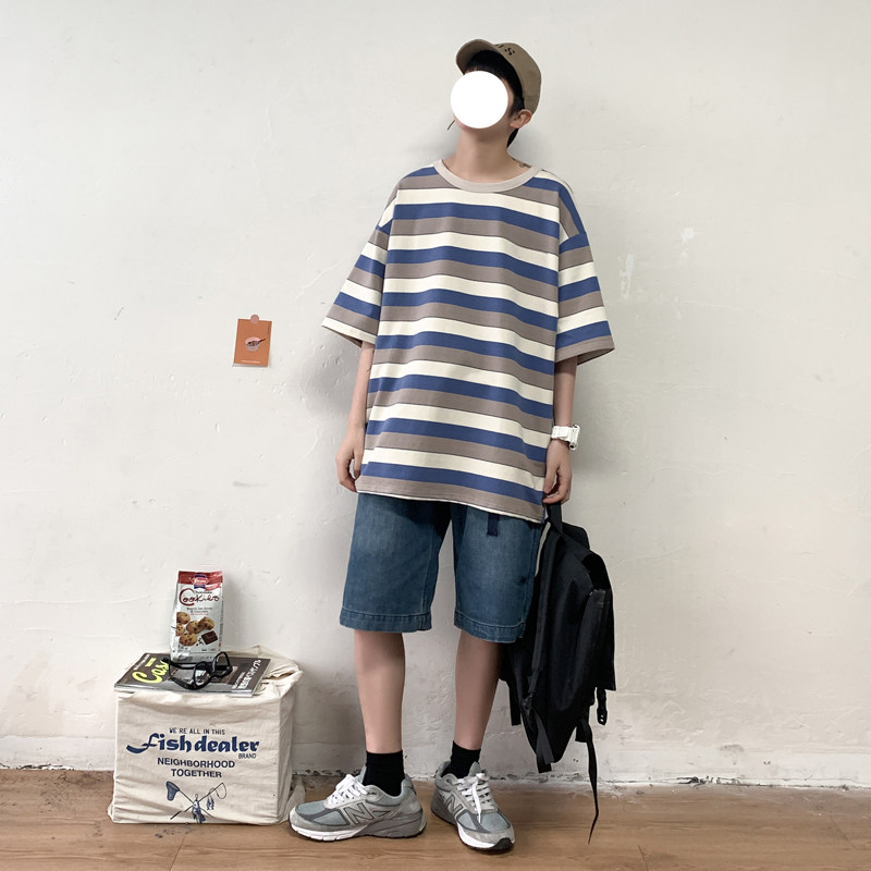 夏新款条纹短袖男宽松五分袖港风T恤ins潮流韩版xz404-2-TW06图片