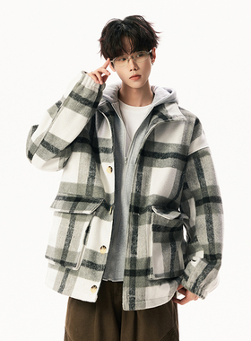 2025秋冬装毛呢大衣假两件连帽短款格子呢子外套409-DY58-P118