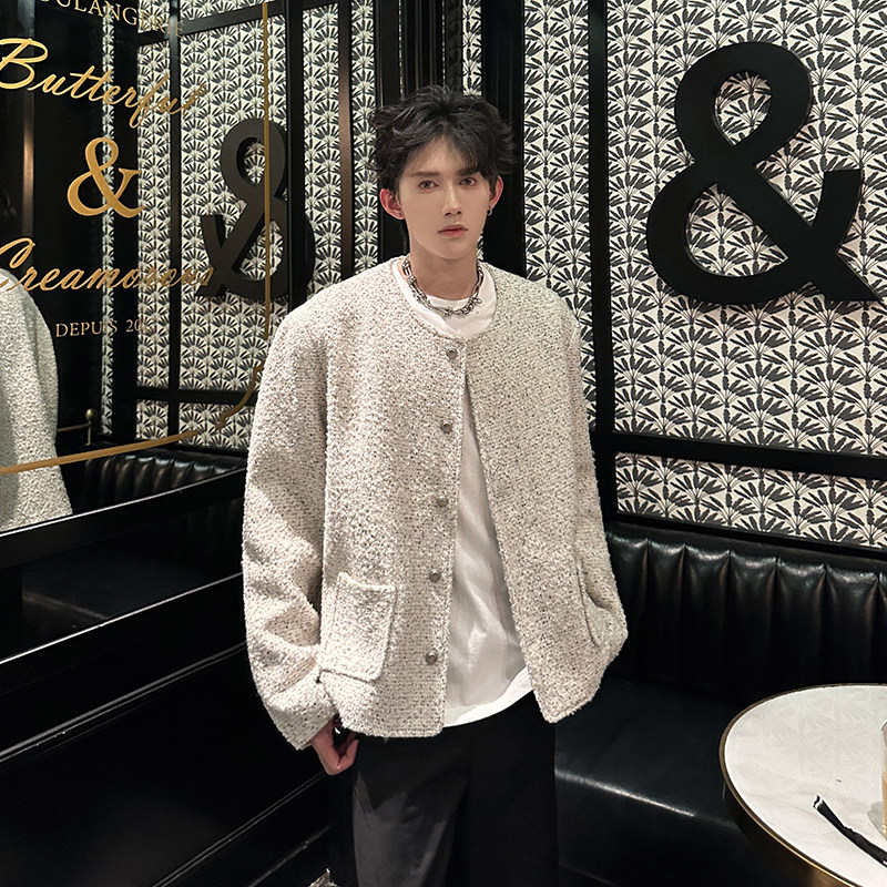 粗花呢白色垫肩小香风外套男冬季加厚高级感夹克409-5602-P108,男装夹克,星座409(原A307）