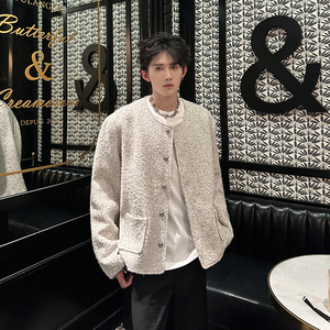 粗花呢白色垫肩小香风外套男冬季加厚高级感夹克 409-5602-P108图片