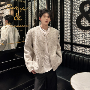 粗花呢白色垫肩小香风外套男冬季加厚高级感夹克 409-5602-P108图片