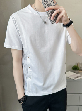 男短袖夏季新款条纹拼接衣服潮牌圆领白色男士t恤A307-TX66-P48