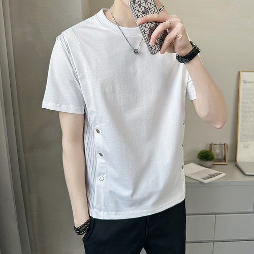 男短袖夏季新款条纹拼接衣服潮牌圆领白色男士t恤A307-TX66-P48