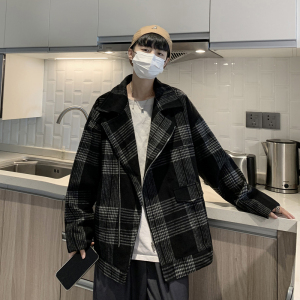短款风衣男韩版宽松呢子大衣格子港风毛呢外套 XZ404-2-DY10图片