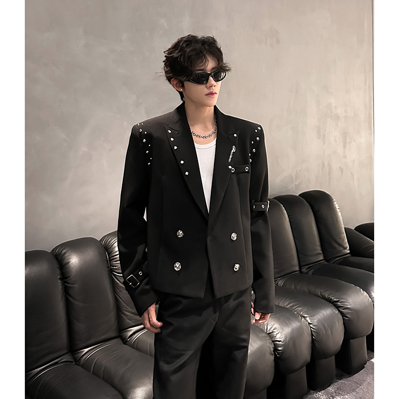金属铆钉设计短款小西装男生双排扣休闲垫肩西服409-5620-P118，男装西服套装，星座409(原A307）