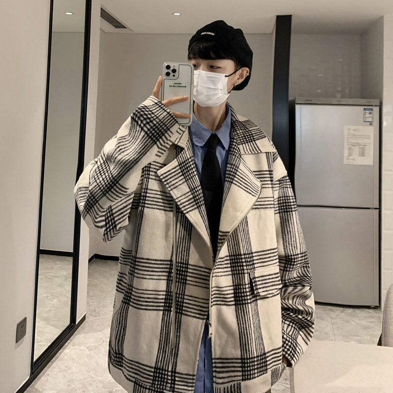 短款风衣男韩版宽松呢子大衣格子港风毛呢外套XZ404-2-DY10,男装风衣,星座409(原A307）