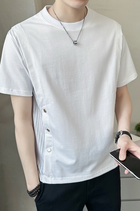 男短袖夏季新款条纹拼接衣服潮牌圆领白色男士t恤A307-TX66-P48,男装T恤,星座409(原A307）
