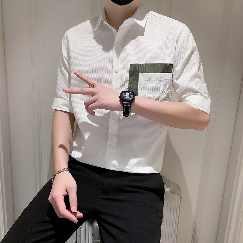 2023新款夏季衬衫男短袖潮牌修身寸衫男士衬衣A307-CS15-P58,男装衬衫,星座409(原A307）