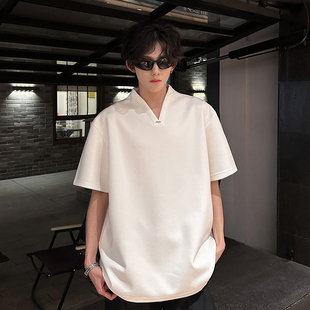 简约V领金属装饰休闲短袖T恤 百搭流行上衣oversize 409-2531-P35