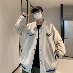 棒球服外套男秋潮牌宽松夹克ins港风潮流休闲上衣xz404-2-J08,黑色和蓝色作为搭配图片