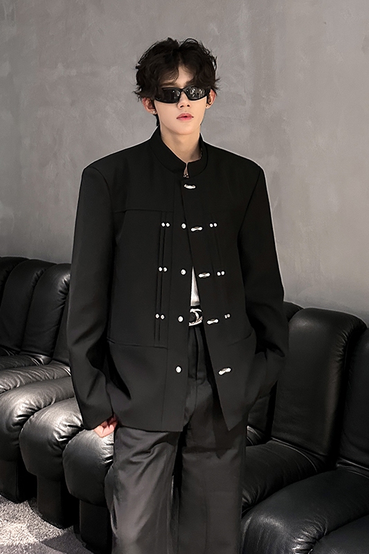 新中式立领黑色西装男重工设计金属扣宽肩西服外套409-5624-P118，男装西服套装，星座409(原A307）