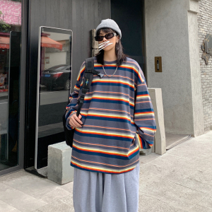 2021春季长袖卫衣条纹上衣韩版宽松港风情侣XZ404-2-TW09图片