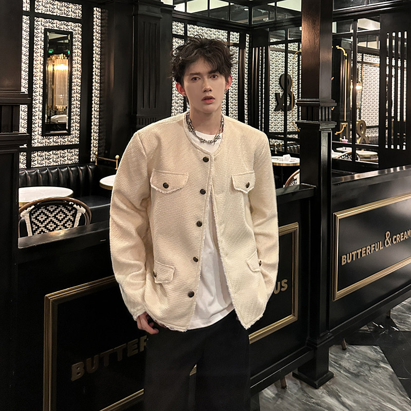 白色毛呢小香风外套男无领高级设计感垫肩夹克409-5606-P118,男装夹克,星座409(原A307）