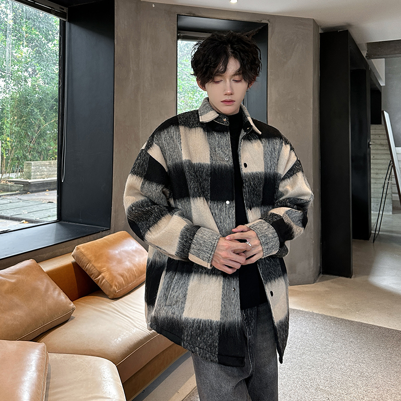 加棉加厚毛呢大衣男短款格子呢子外套宽松小香风上衣409-F58-P78，男装毛呢大衣，星座409(原A307）