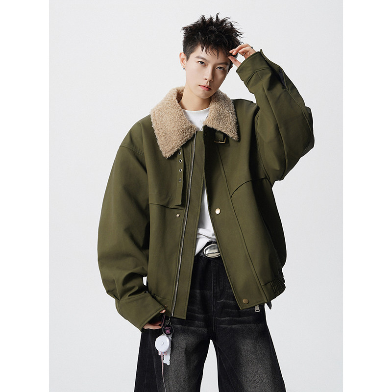 美式cleanfit羊羔绒翻领拼接夹克男短工装外套潮409-J216-P125,男装夹克,星座409(原A307）