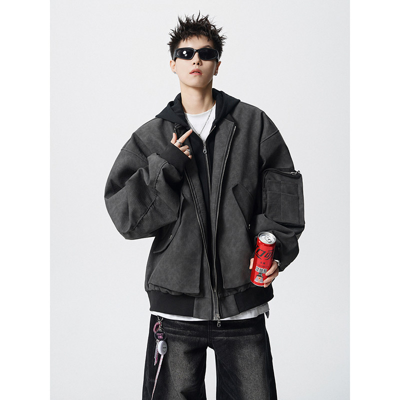 假两件拼接连帽拉链皮衣外套夹克宽松飞行服男百搭409-J200-P128,男装夹克,星座409(原A307）