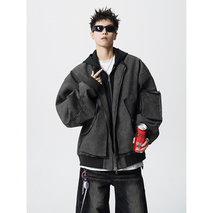 假两件拼接连帽拉链皮衣外套夹克宽松飞行服男百搭409-J200-P128图片