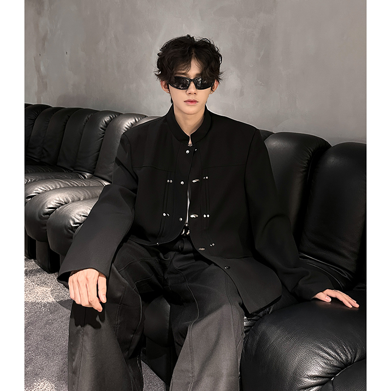新中式立领黑色西装男重工设计金属扣宽肩西服外套409-5624-P118，男装西服套装，星座409(原A307）