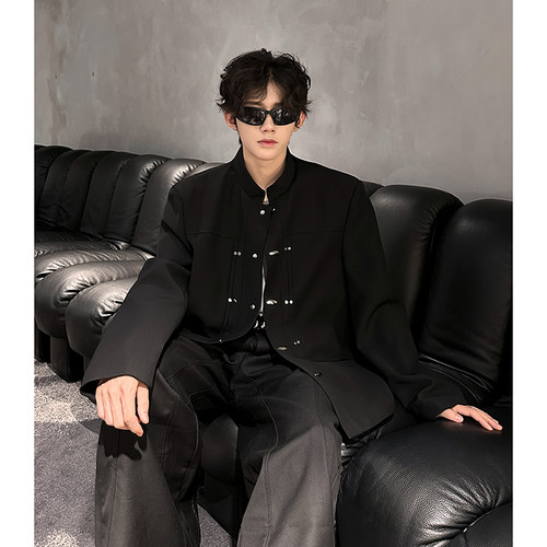 新中式立领黑色西装男重工设计金属扣宽肩西服外套409-5624-P118