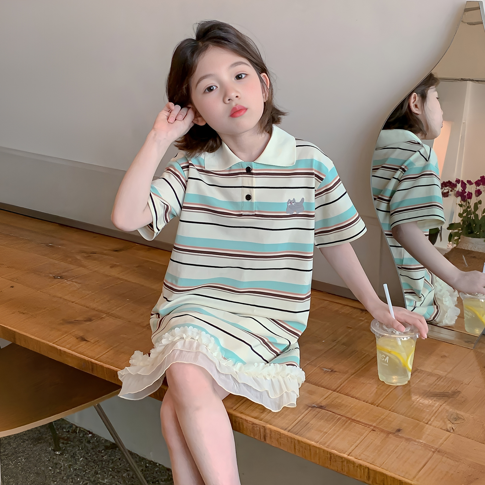【小梨专享】女童连衣裙2025新款POLO领韩版挂脖式连衣裙Q13641