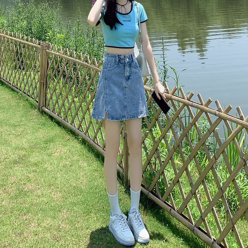 高腰牛仔短裙女春夏季新款小个子大码辣妹潮流百搭a字包臀半身裙