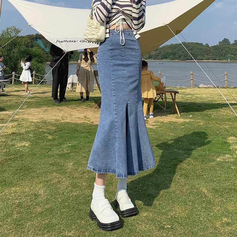 牛仔包臀裙女春秋季新款小个子大码辣妹鱼尾半身裙潮流中长款裙子
