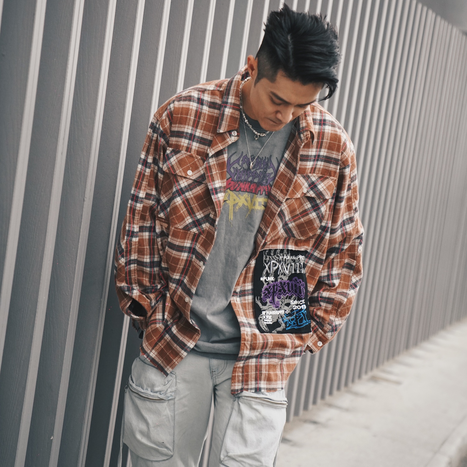 格子长袖拼色XPX格子衬衫