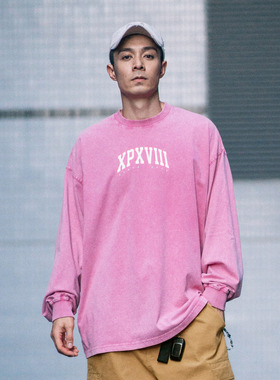 XPX 周柏豪 STONE WASHED EFFECT 蜡染做旧团队印花长袖T恤