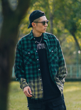 XPX 周柏豪 OVERDYE CHECK 渐变效果格仔布长袖衬衫