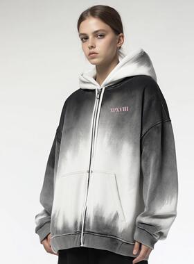 XPX  周柏豪 做旧洗水连帽拉链开胸团队印花卫衣