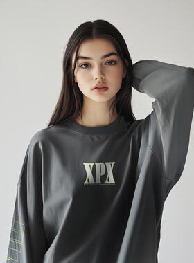 XPX 周柏豪 渐变渲染团队印花长袖T恤