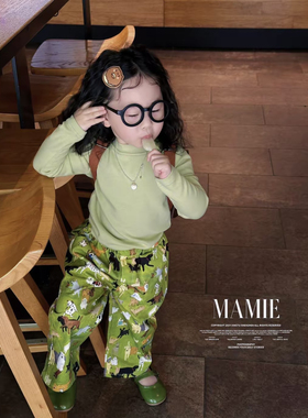 春秋冬男女童纯棉细帆布直筒裤宝宝裤子绿色狗狗萌宠派对