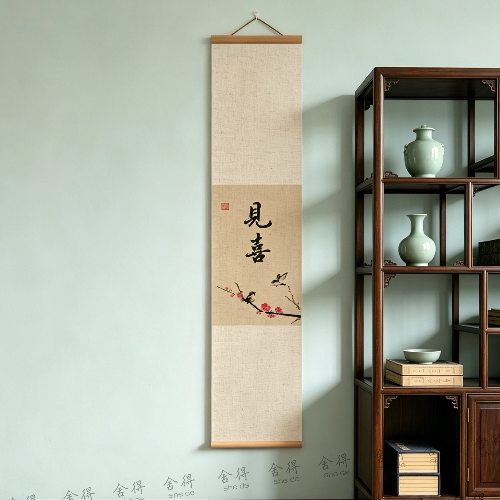 新中式禅意装饰挂画亚麻实木挂轴卷轴画茶室字画长条见喜书法
