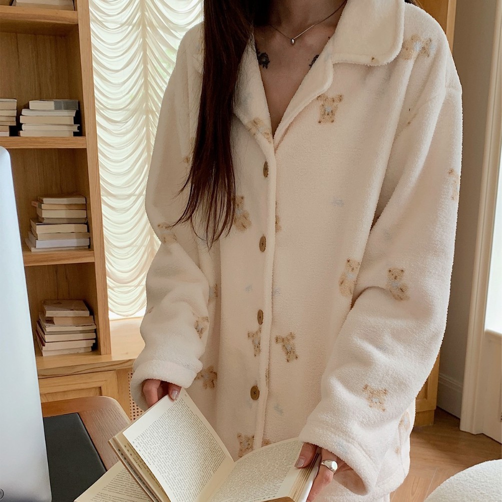 1212秋冬新品睡衣女韩版翻领暖绒软绵绵加厚家居服纽扣开衫两件套