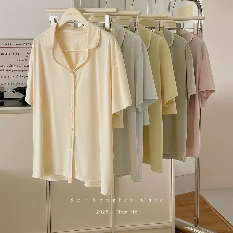 3109冰皮睡衣套装白撞色开衫凉感夏季短袖短裤家居服跨境外贸批发