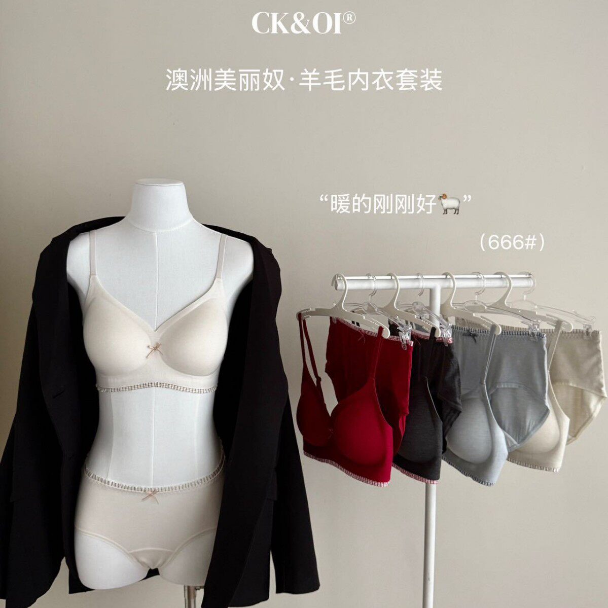CK&OI 666#澳洲美丽奴·羊毛内衣套装无钢圈聚拢提拉无痕内衣女